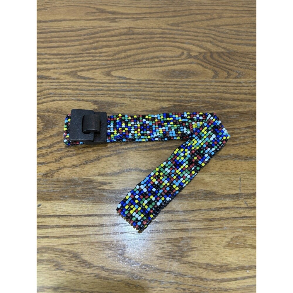 Boho Multicolor Seed Bead Stretch Belt Women S/M Wooden Interlocking Buckle Wide